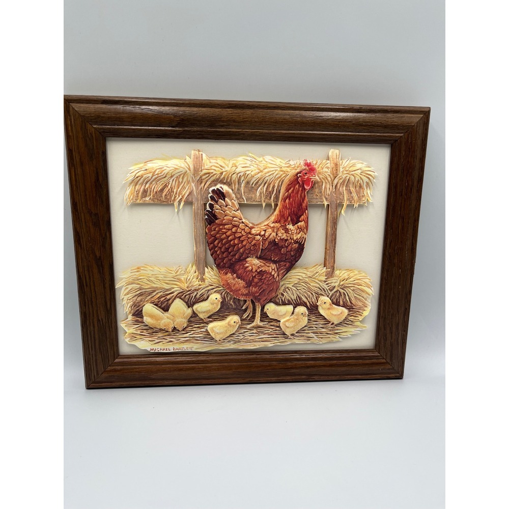 Rare Handmade 3D Layered Paper Art Mother Hen With Seven Fluffy Baby Chicks Barn